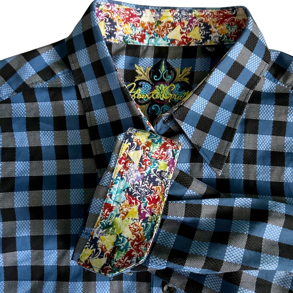 Robert Graham Men’s Flip Cuff Button Shirt Blue Gray Black Checkered Sz XLarge